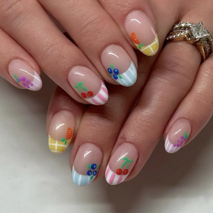 3D Lemon Blue White Striped French Nail Art Summer Chic Short Round False Nails Detachable Finished Fake Nails Press on Nails