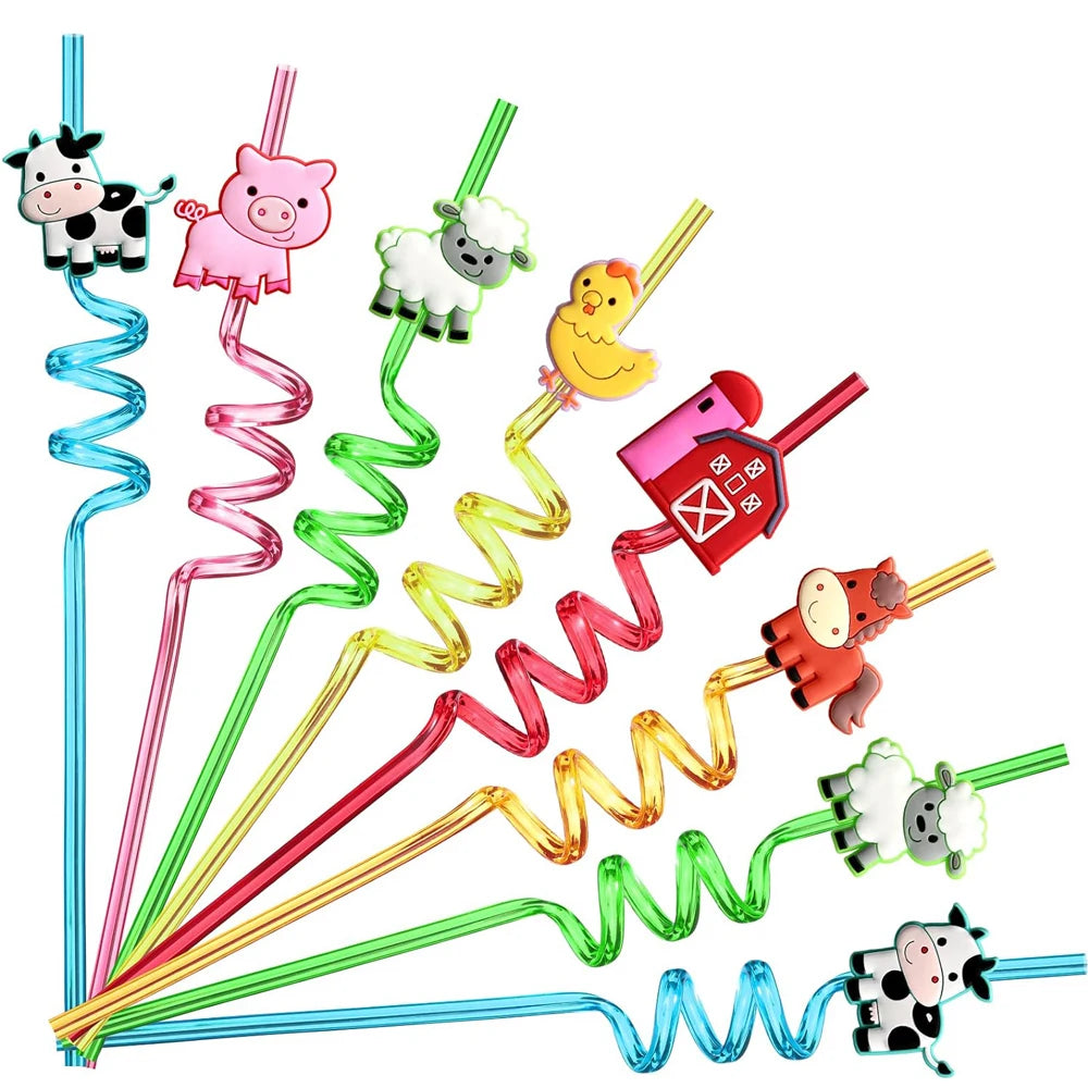 10/20/30pcs Reusable Farm Animal Drinking Straws Party Supplies Chickens Sheep Horses Cows Pigs Barns Farms Birthday Party Decor