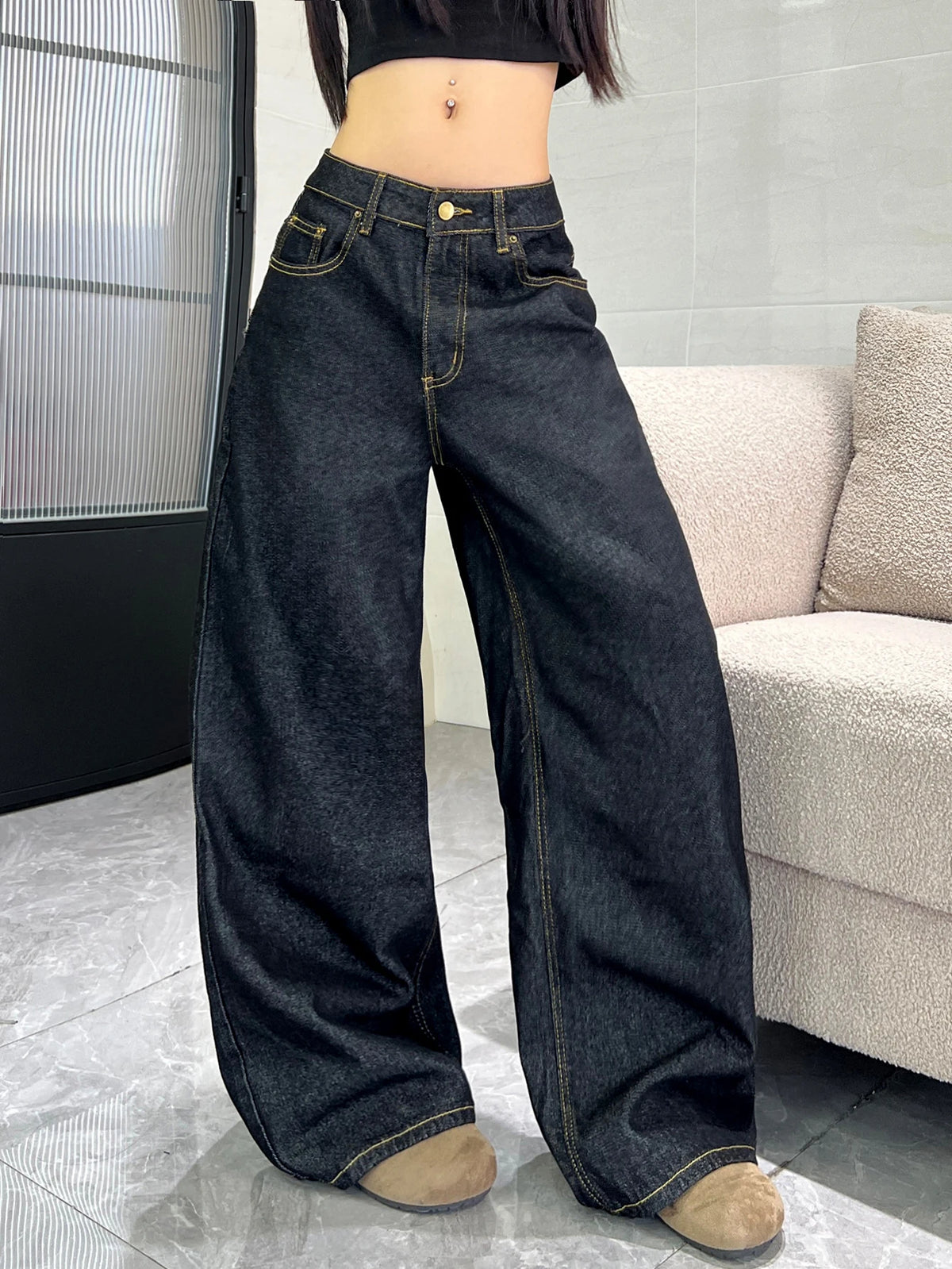Women's Classic Black Loose American-Style Jeans, Trendy And Versatile Casual Wide-Leg Pants