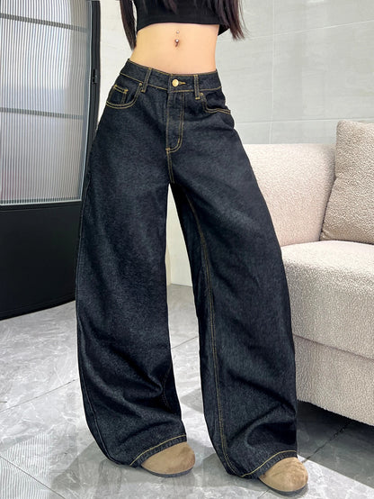 Women's Classic Black Loose American-Style Jeans, Trendy And Versatile Casual Wide-Leg Pants