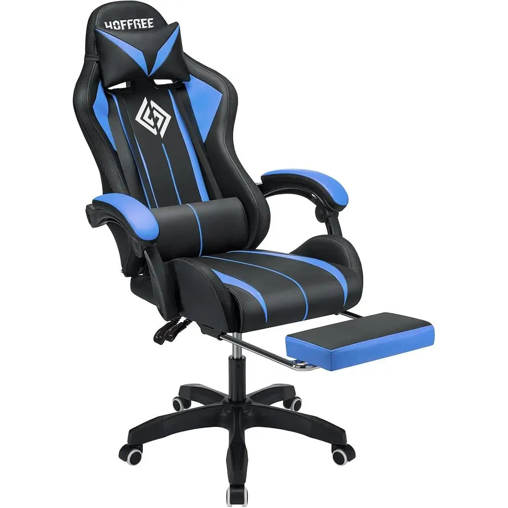 RGB Gaming Chair with Speakers LED Lights Massage Computer Chair-Blue+Black | Bluetooth Video Game Chair Reclining Gamer Chair w