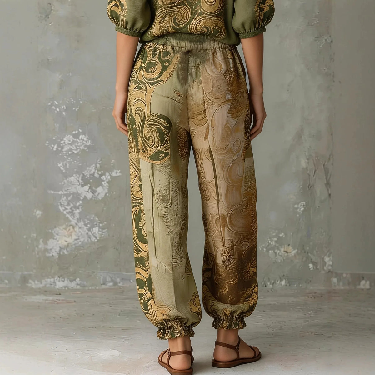 Elegant Ethnic Swirl Pattern Two Piece Suit Ladies Mid Sleeve Shirts Drawstring Waist Harem Pants Bohemian Holiday Casual Set