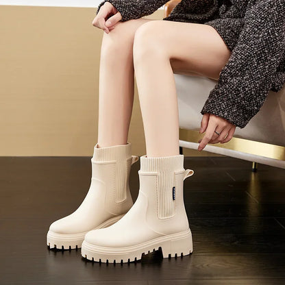 Rain boots women's four seasons fashion outdoor mid-tube waterproof non-slip rubber shoes fashion rain boots with cotton cover