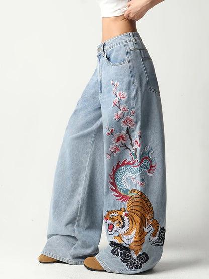 European And American Wide-Leg Denim Pants, Featuring Dragon, Tiger, Plum Blossom, And Cloud Embroidery, High-Waisted Jeans