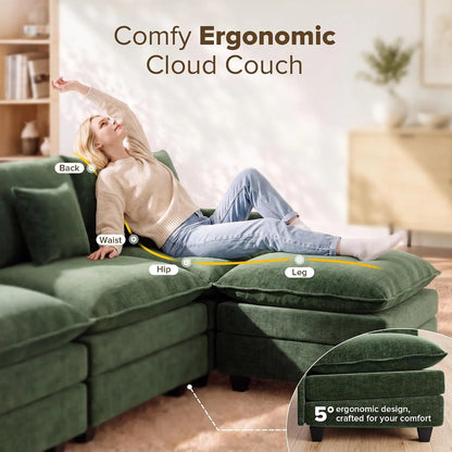 108 Inch Cloud Couch Sectional, Modular Sectional Sofa with Ottoman, Green | L Shaped Sectional Couches for Living, Customized