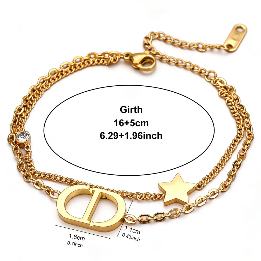 Fashionable Titanium Steel Double Layer Bracelet with Letter Star Design Simple Elegance Daily Wear Unique Style Hand Jewelry