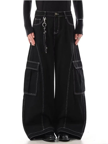 2026 Cyber Y2K Streetwear Black Baggy Women's Cargo Jeans Pants For Woman Clothing Wide Leg Gothic Punk Loose Fit Denim Trousers