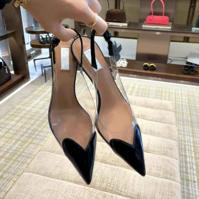 Women's Heart Clear Heeled Sandals Pointed Toe Transparent Slingback Heels Buckle Strap Patent Leather Party Prom Dress Shoes