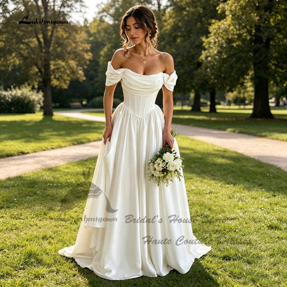 Lakshmigown Minimalist Satin Corset Wedding Dresses 2027 Sexy Women A Line White Bridal Dresses Off Shoulder Customized