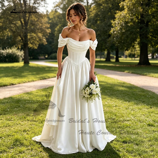 Lakshmigown Minimalist Satin Corset Wedding Dresses 2027 Sexy Women A Line White Bridal Dresses Off Shoulder Customized