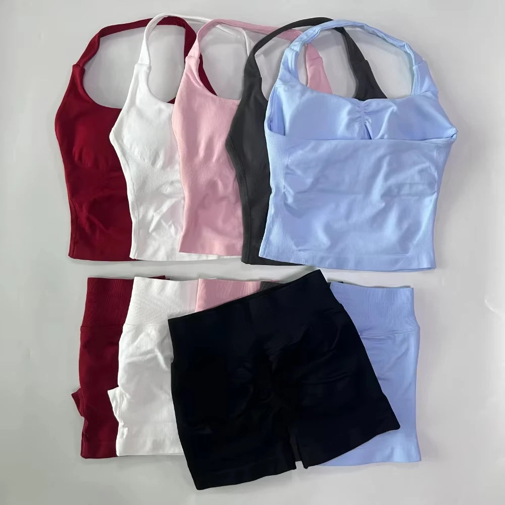 1-2pcs Gym Set Women Backless Tank Tops High Waist Scrunch Seamless Shorts High Waist Yoga Leggings Workout Sets Gym Suit