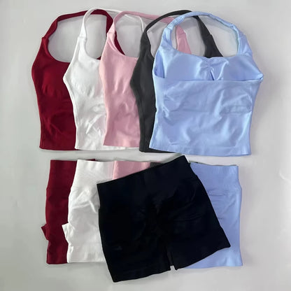 1-2pcs Gym Set Women Backless Tank Tops High Waist Scrunch Seamless Shorts High Waist Yoga Leggings Workout Sets Gym Suit