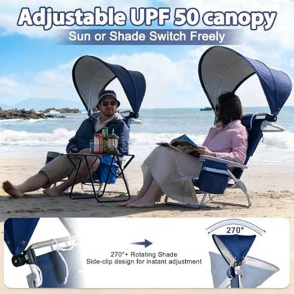 Beach Chair with Umbrella and Canopy Shade, Aluminum Backpack Beach Chairs for Adults, Adjustable Sun Shade, 5 Position