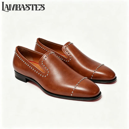 Trimmed Studded Leather Mens Loafers Metal Rivet Slip on Shoes Polished PU Leather Men's Formal Dress Shoes Customizable Colors