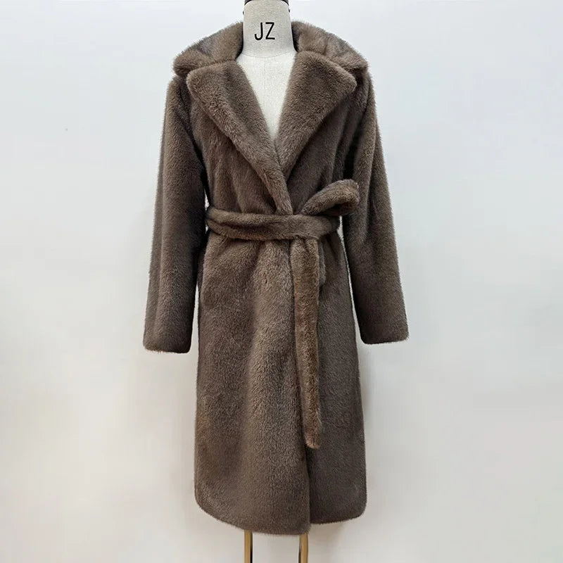 Women Elegant Solid Color Faux Fur Long Coat Notched Collar Belted Waist Loose Oversized Warm Winter Street Thick Outerwears New