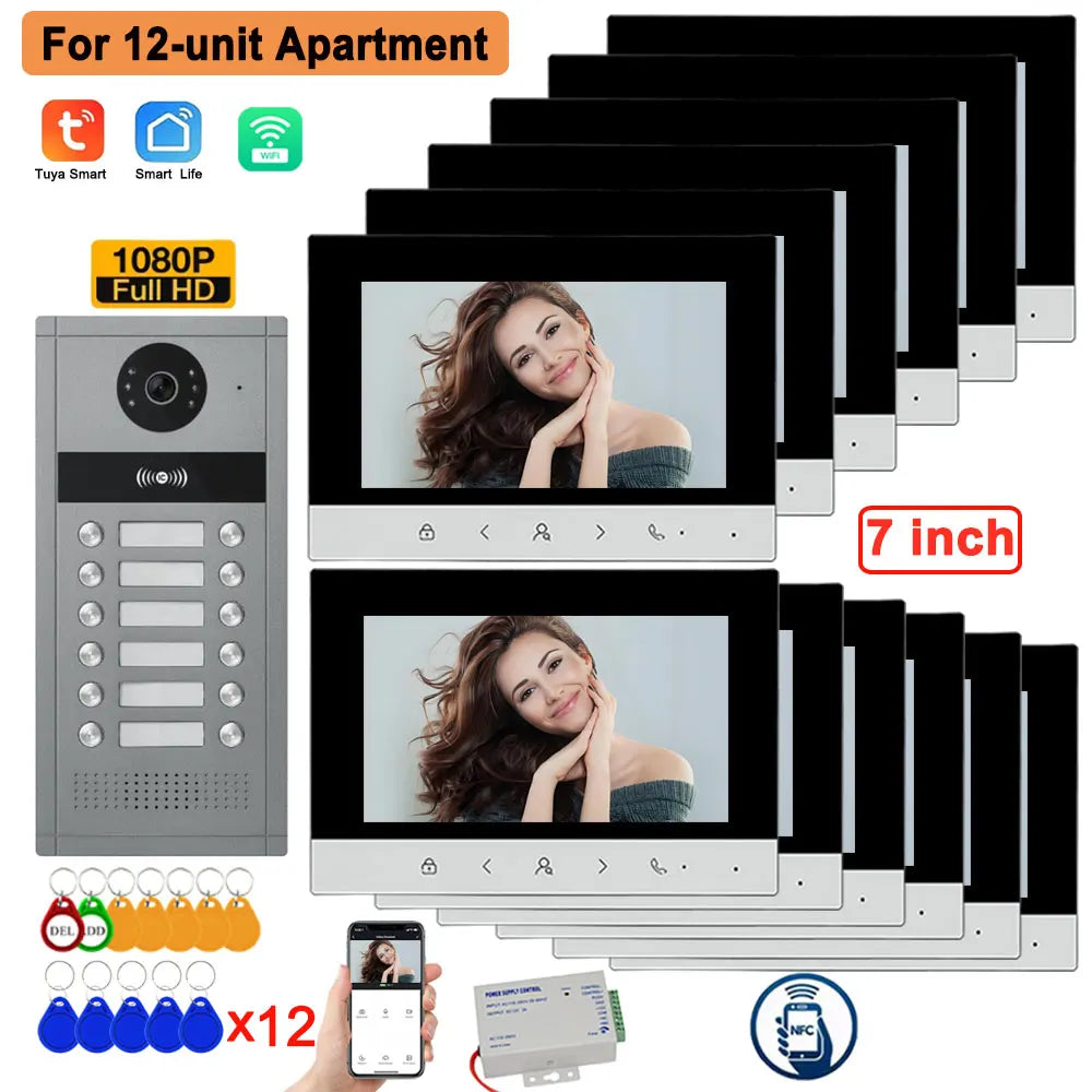 4 Wire 7 inch LCD WiFi Tuya Video Doorphone HD Camera Doorbell Intercom RFIC NFC APP Unlock System 4/6/8/10/12 Unit Apartments
