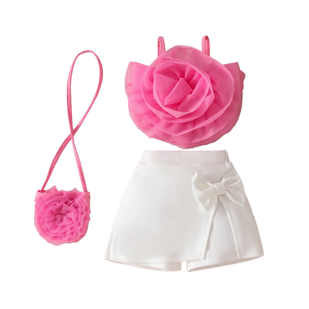 Summer Baby Childrens Clothes Set 0-4Y 3D Flower Camisole+Bow Shorts+Bag 3Pcs Trendy Girls Suit Kid's Culotte Girls Skirt Outfit