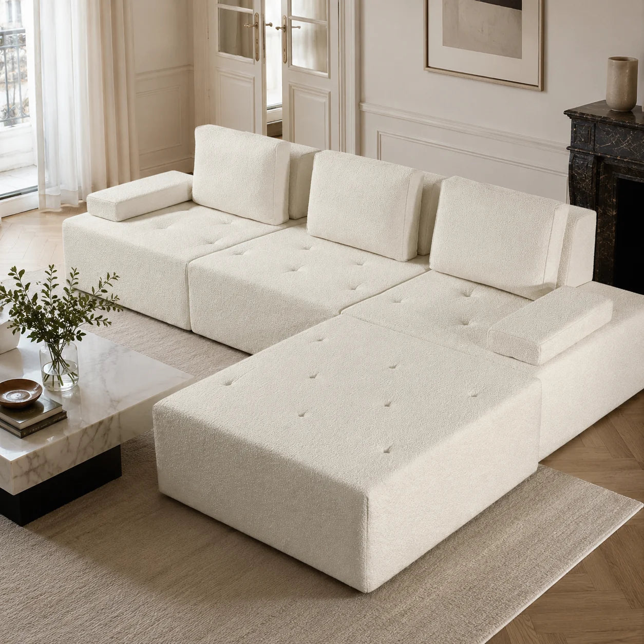 #Modern L Shape Sectional Sofa Cream White Fabric Deep Seat Cloud Modular Living Room Sofa Luxury Nordic Style Home Sofa Set