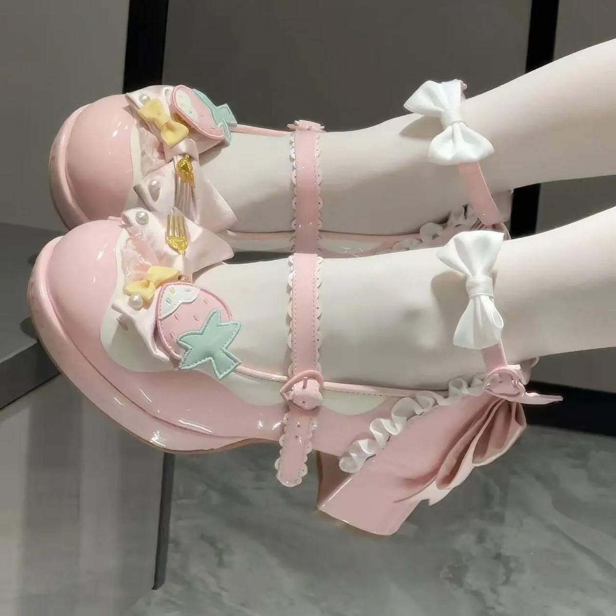 Lovely Girls Pink Lolita Butterfly Knot High Heels Platform Shoes for Women Cute Sakura Dress Mary Janes Beige Size 34-42