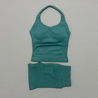 2 Pieces Shorts Yoga Set Women Backless Halter Tops High Waist Seamless Shorts Gym Suit Fitness Sportswear Workout Sets