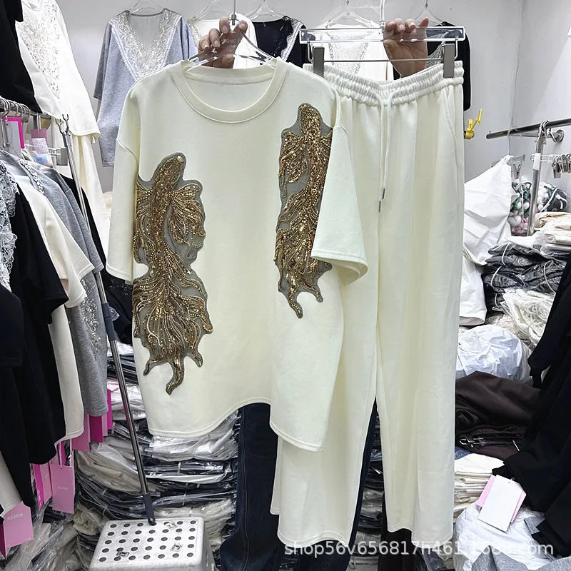 New Spring Summer Women Two-piece Set Sequins Embroidery Loose Short Sleeve T-shirt Top + Elastic Waist Straight Casual Pants