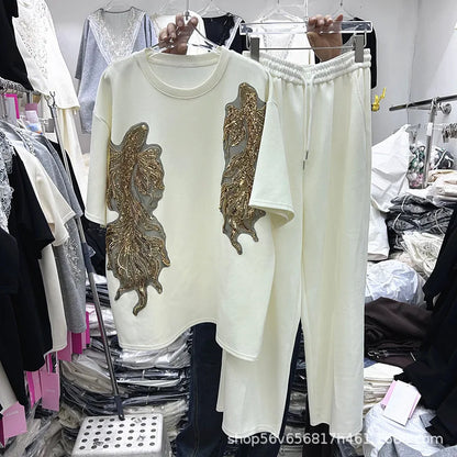 New Spring Summer Women Two-piece Set Sequins Embroidery Loose Short Sleeve T-shirt Top + Elastic Waist Straight Casual Pants