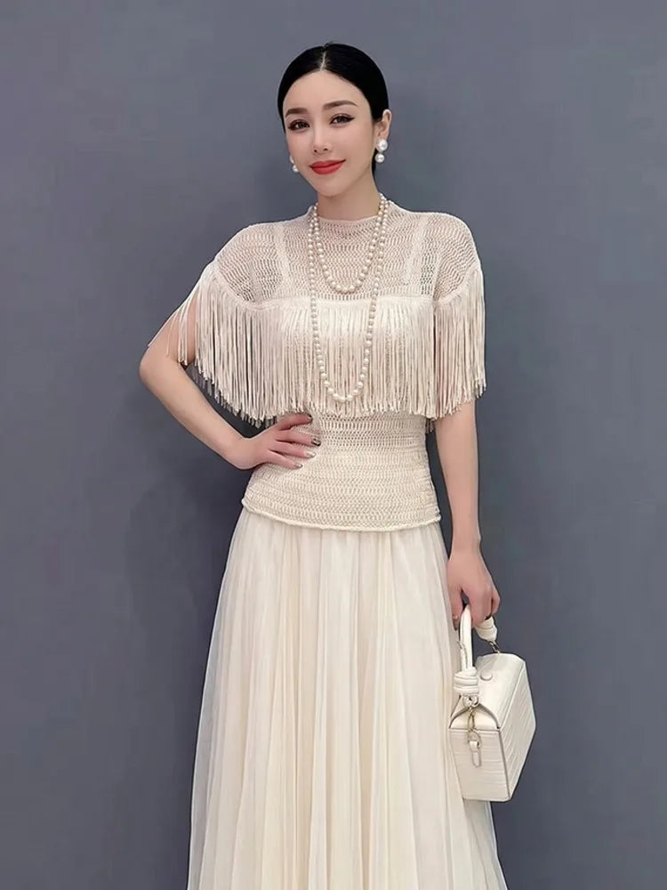 SHENGPALAE Fringe Short Sleeve Knit Top Tulle Maxi Skirt Two Piece Set Elegant Casual Summer Women Outfit 2026 New Summer