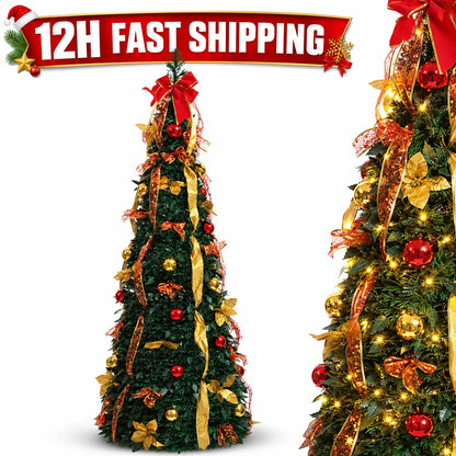 Pre Decorated Foldable Christmas Tree Artificial PVC Xmas Tree 5FT 6FT 7FT with Ornaments Space Saving Design LED Light Option