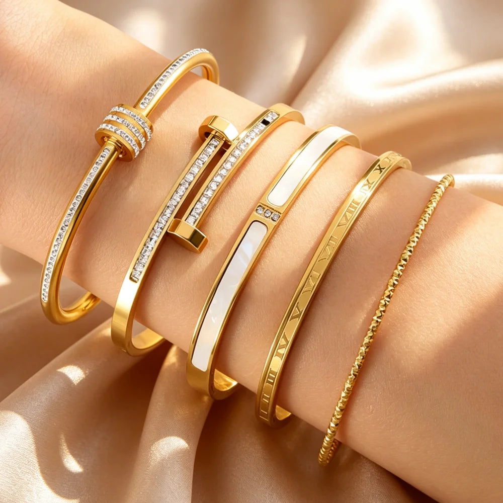 Women Gold Color Stackable Bangles Anti-Tarnish Stainless Steel Bracelets Stack Jewelry for Wedding Valentine Gift
