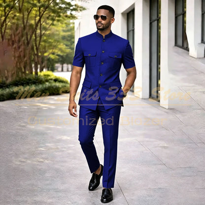 Summer Safari Men's Suits Fashion Regular Fit Short Sleeve Blazer Elegant Luxury Single Breasted 2 Piece Jacket Pants Outfits