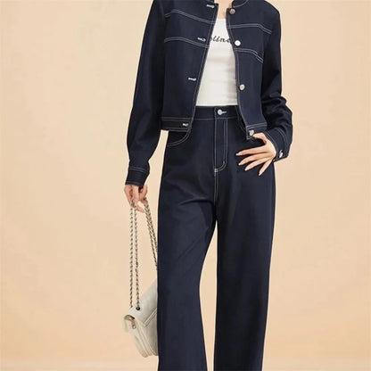 Fashion Casual Suit for Women Spring 2025 New Stylish And Slimming Denim Jacket Wide Leg Pants Two-Piece Set Female Denim Jacket