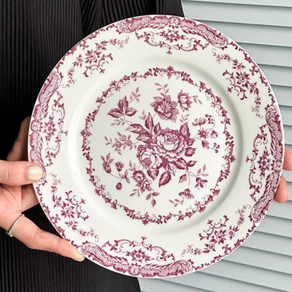 Dinner Set Retro Nordic Flower Pattern Disc Round Ceramic Dinner Plate Exquisite Light Luxury Shallow Plate Hotel