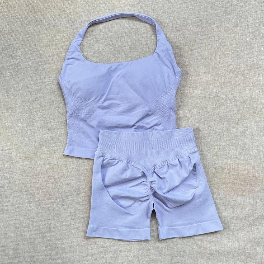 VEQKING Seamless 2pcs Women Yoga Sets Open Back Longline Sports Halter Bras Running Tank Tops Scrunch Butt Gym Workourt Shorts