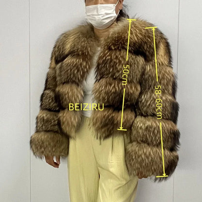 BEIZIRU Women's Real Raccoon Fur Coat Winter Long Sleeve Hooded Jacket with Turndown Collar Natural Luxury Thick Top
