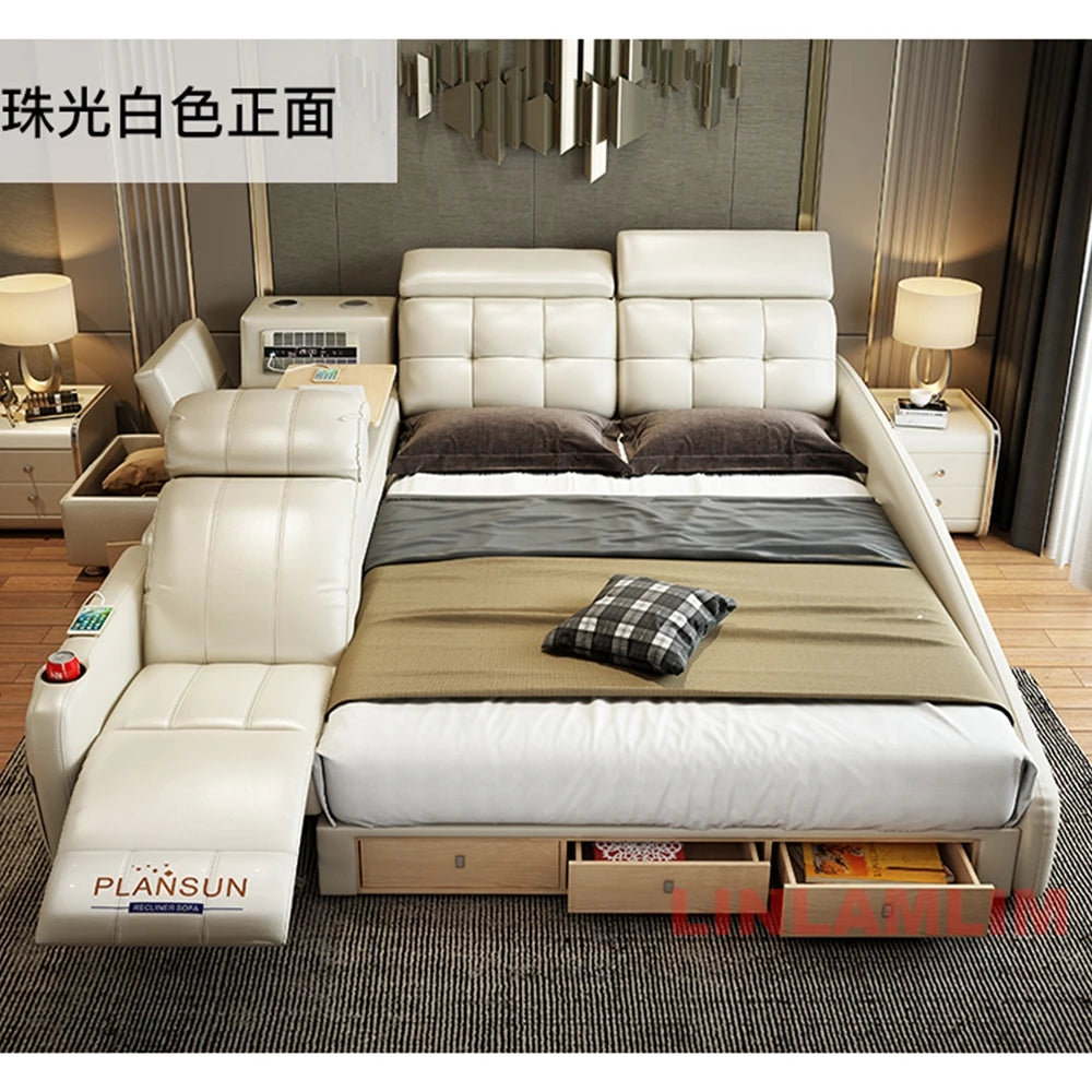 Ultimate Tech Smart Genuine Leather Bed with Massage Chair, Speaker, Air Purifier & USB – Luxury Multifunctional Platform Bed