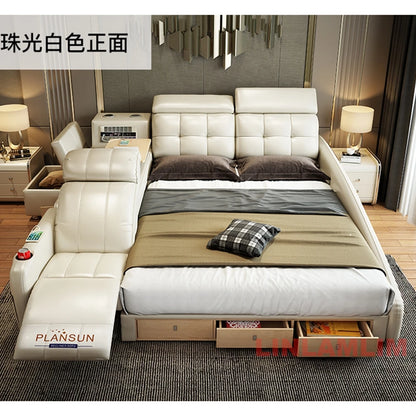 Ultimate Tech Smart Genuine Leather Bed with Massage Chair, Speaker, Air Purifier & USB – Luxury Multifunctional Platform Bed