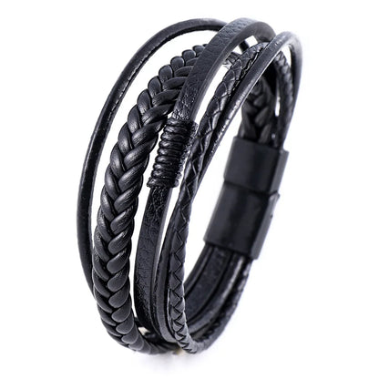 Multi Layer Braided Rope Bracelets for Men,Classic Handmade PU Leather Wristband with Magnetic Buckle,Trendy Punk Jewelry Gift