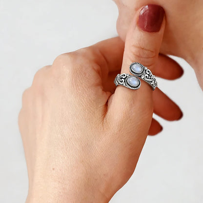 925 Vintage Silver Ring with Natural Moonstone 6*8mm Adjustable Rings Flower Bohemia Style Fine Jewelry for Women