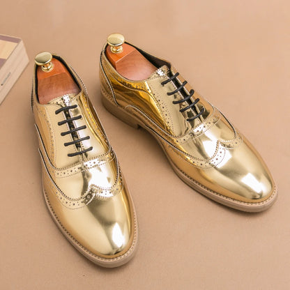 Hot Selling Luxury Gold Men's Business Dress Shoes in Europe America Glossy Brogue Shoes Men's Split Leather Shoes Free Delivery