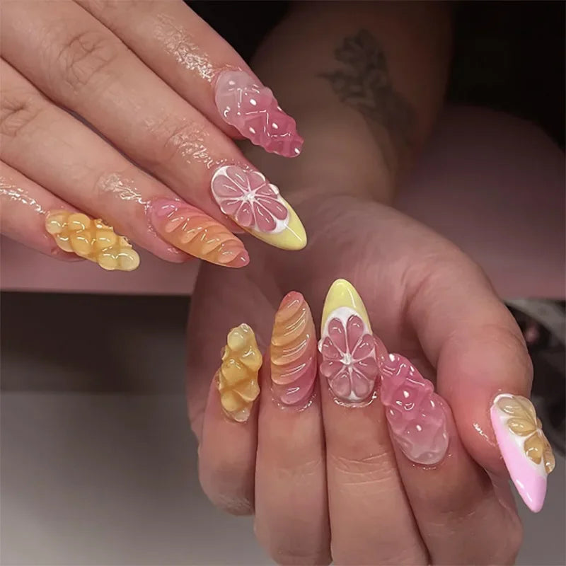 3D Lemon Blue White Striped French Nail Art Summer Chic Short Round False Nails Detachable Finished Fake Nails Press on Nails