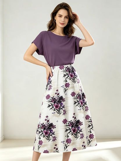 Retro plus Size Women's Ink Purple Printed Skirt Set with Simple Purple Short-Sleeved T-Shirt Elegant Casual Women's Outfit