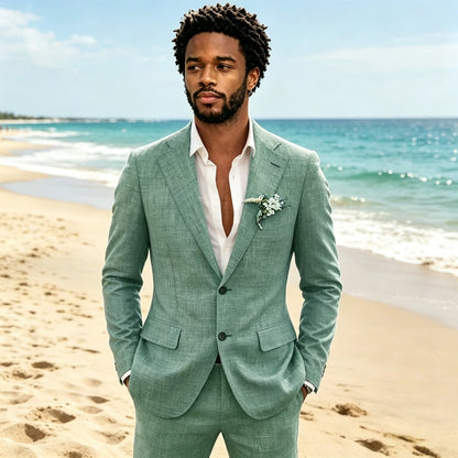 Light Grey 2 Pieces Linen Men's Suits With Pants Groom Tuxedos Summer Casual Style Groomsmen For Wedding Blazer Sets