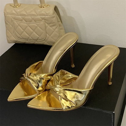 Aneikeh 2026 Summer Pointed Toe Wrinkle Designer Sexy Thin High Heels Woman Slippers Stripper Banquet Prom Slides Ladies Shoes