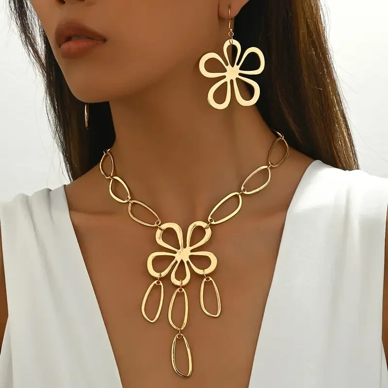 Fashion Metal Geometric Hollow Five Flower Oval Necklace Earrings Set Three-dimensional Large Flower Long Necklace Earrings