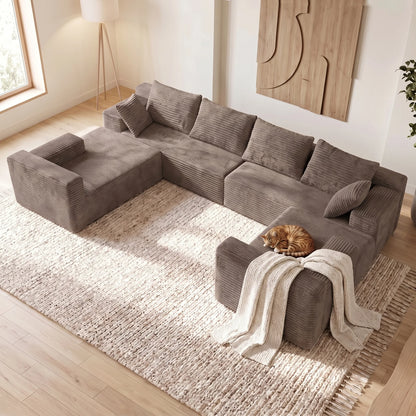 139 Inch U-Shaped Extra Large Corduroy Sectional Sofa Deep Seat Cloud Couch Modern Upholstered Fabric No Assembly Required for Family Gatherings Minimalist Living Room Furniture