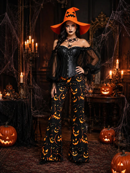 Womens Halloween Witch Cosplay Outfit, Off Shoulder Sheer Mesh Sleeve Corset Top Pumpkin Face Print Flare Pants & Witch Hat for Carnival Costume Party