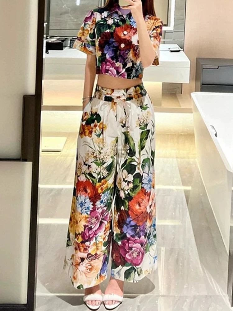 Spring and Summer New Women's Printed Pants Lapel Short Sleeve Waist Short Shirt + High Waist Wide Leg Pants Elegant Two-Piece S