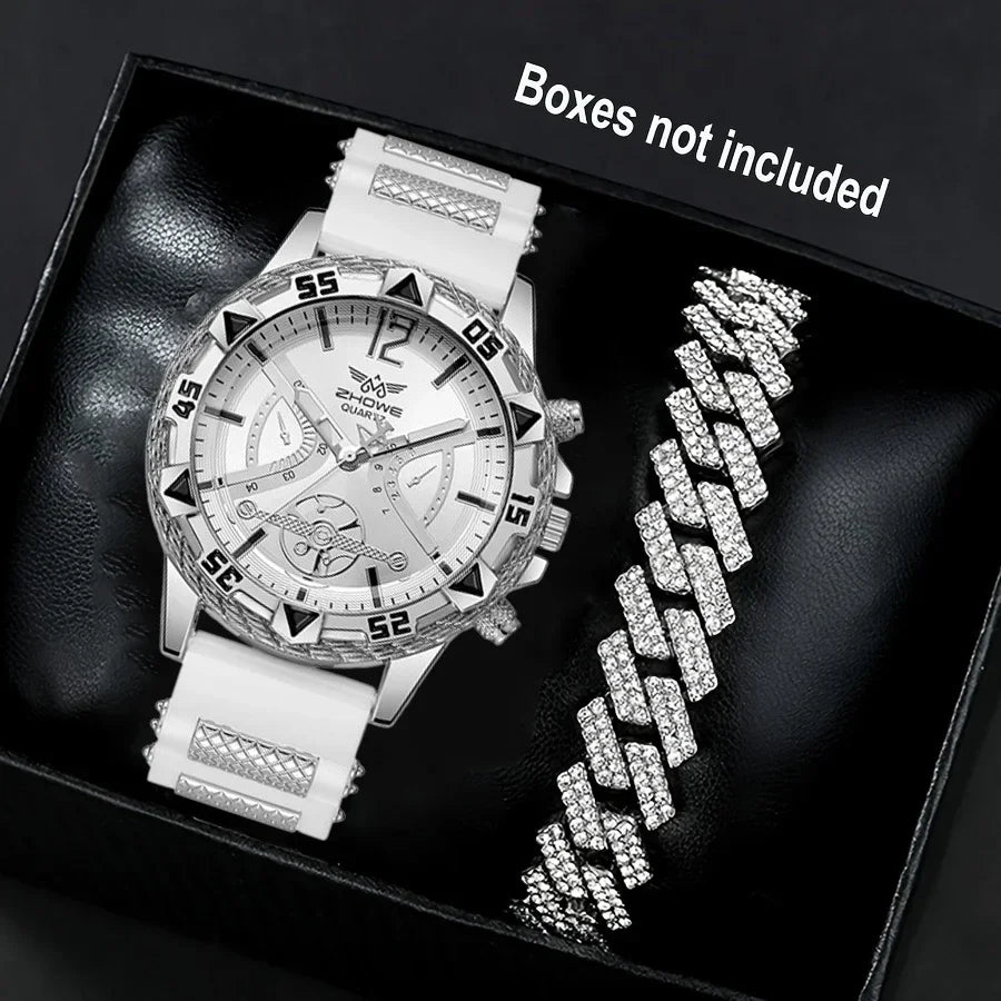 Business 2PCS Men's Fashion casual Luxury Silicone Band Diamond Quartz Bracelet Wrist Watch set（Box Not Included ）
