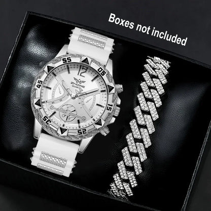 Business 2PCS Men's Fashion casual Luxury Silicone Band Diamond Quartz Bracelet Wrist Watch set（Box Not Included ）