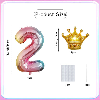 32Inch Gradient Number Crown Balloons 1-9 Digit Foil Helium Balloon Baby Shower Kids And Children's Birthday Party Decoration